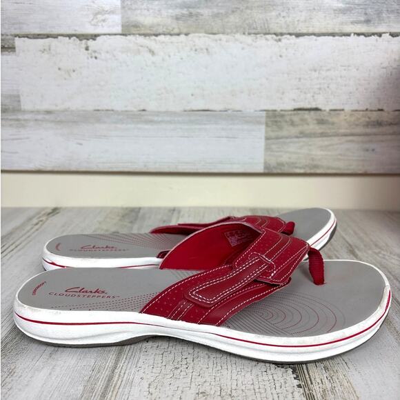 Clarks Womens 11 Red Leather Slip-On Cloudsteppers Brinkley Keely Sandals Shoes - Picture 4 of 8